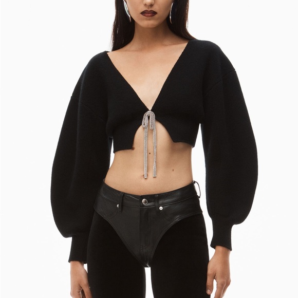 Alexander Wang Black v-neck cropped cardigan in boiled wool - Picture 2 of 3